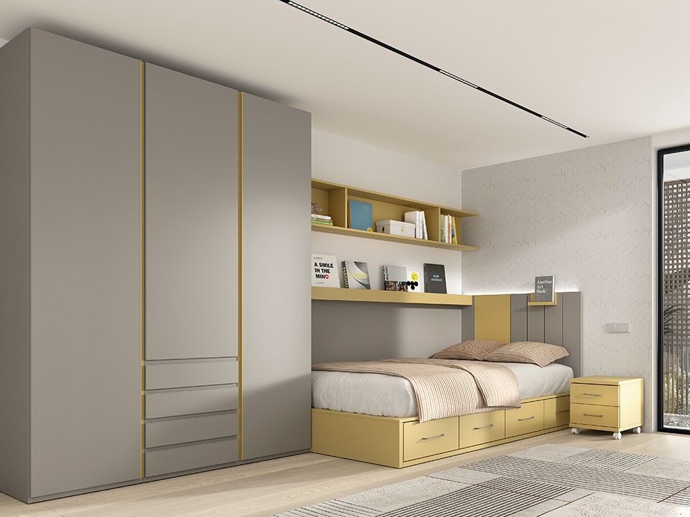 Dormitorio juvenil con cama compacta de 135x190cm con contenedores AD051 de Glicerio Chaves