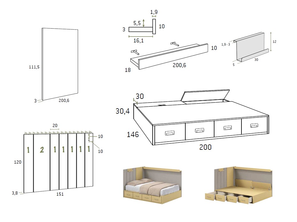 Medidas cama compacta AD051 con cuatro contenedores Advance Glicerio Chaves