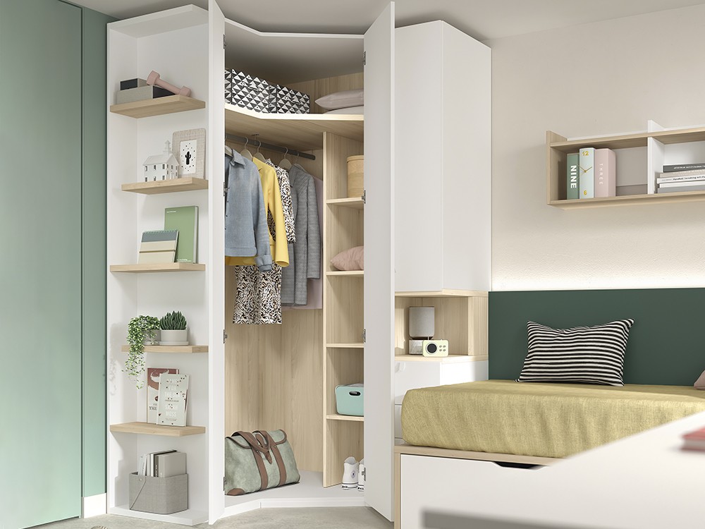 Composición de armario compuesto por armario rincón, armario con una puerta y hueco y terminal Glicerio Chaves Advance