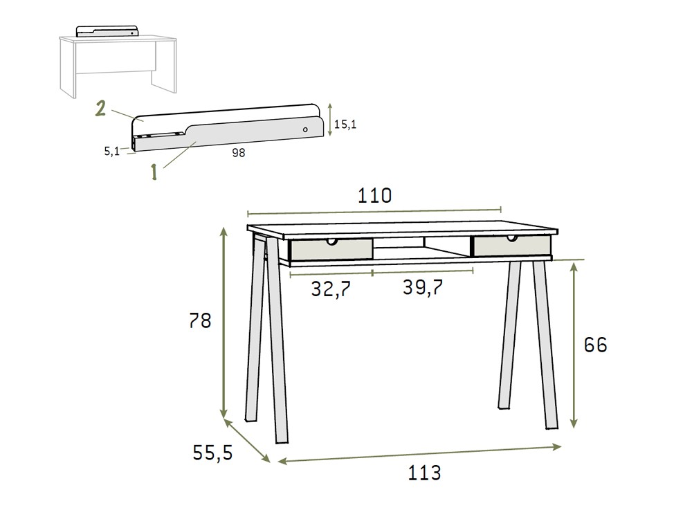 Medidas del escritorio con dos cajones y hueco de la colección Advance de Glicerio Chaves.