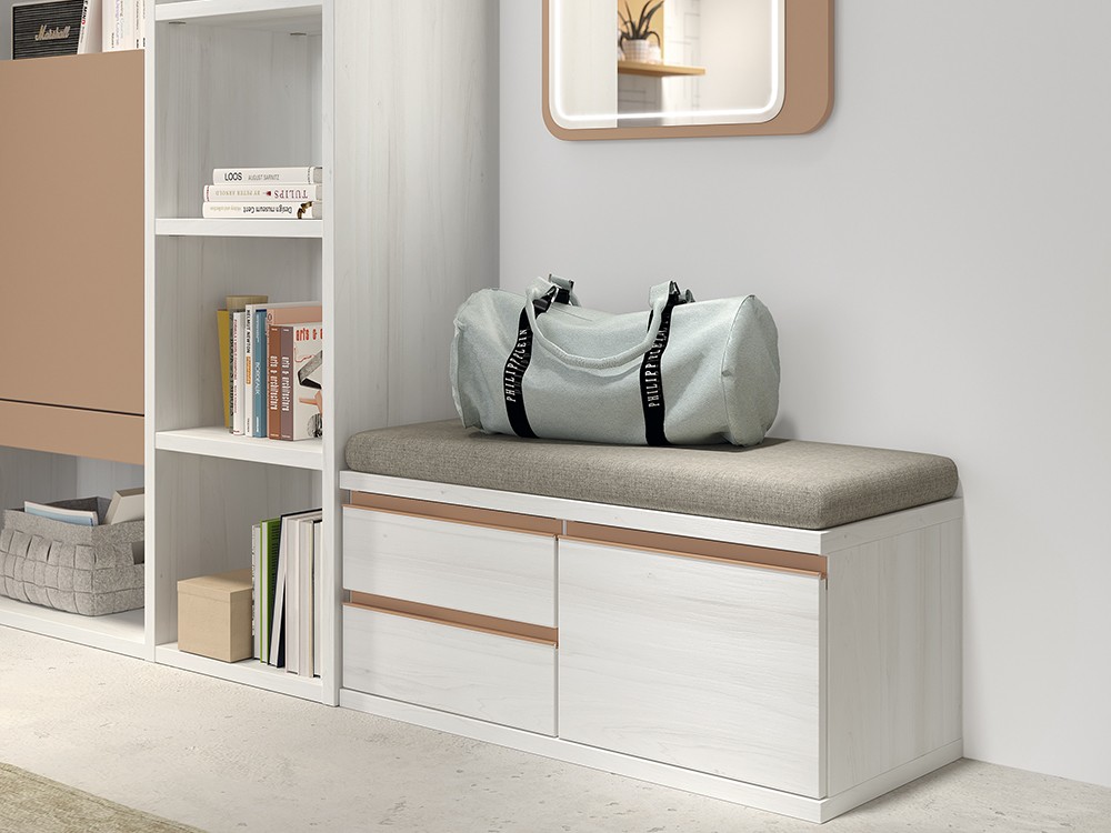 Detalle del banco con tres cajones y cojín tapizado de la zona de estudio AD52 de Glicerio Chaves