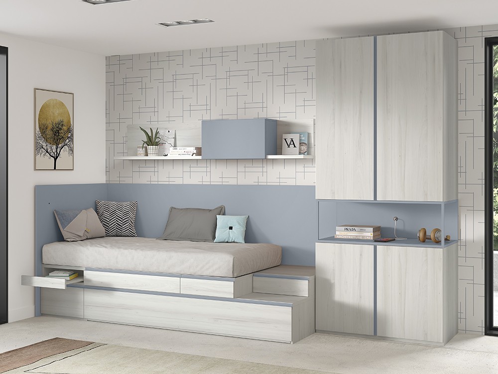 El armario tiene  cuatro puertas y zona abierta con USB y luz led Advance Formas 52 Glicerio Chaves