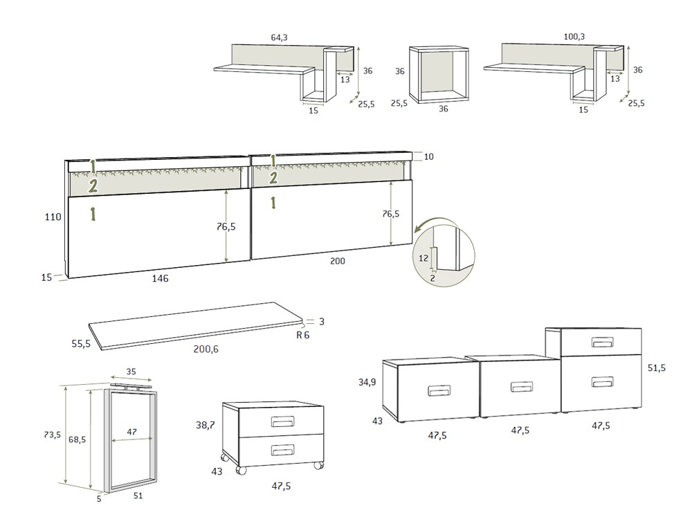 Medidas de las piezas del dormitorio juvenil AD054 de Glicerio Chaves.