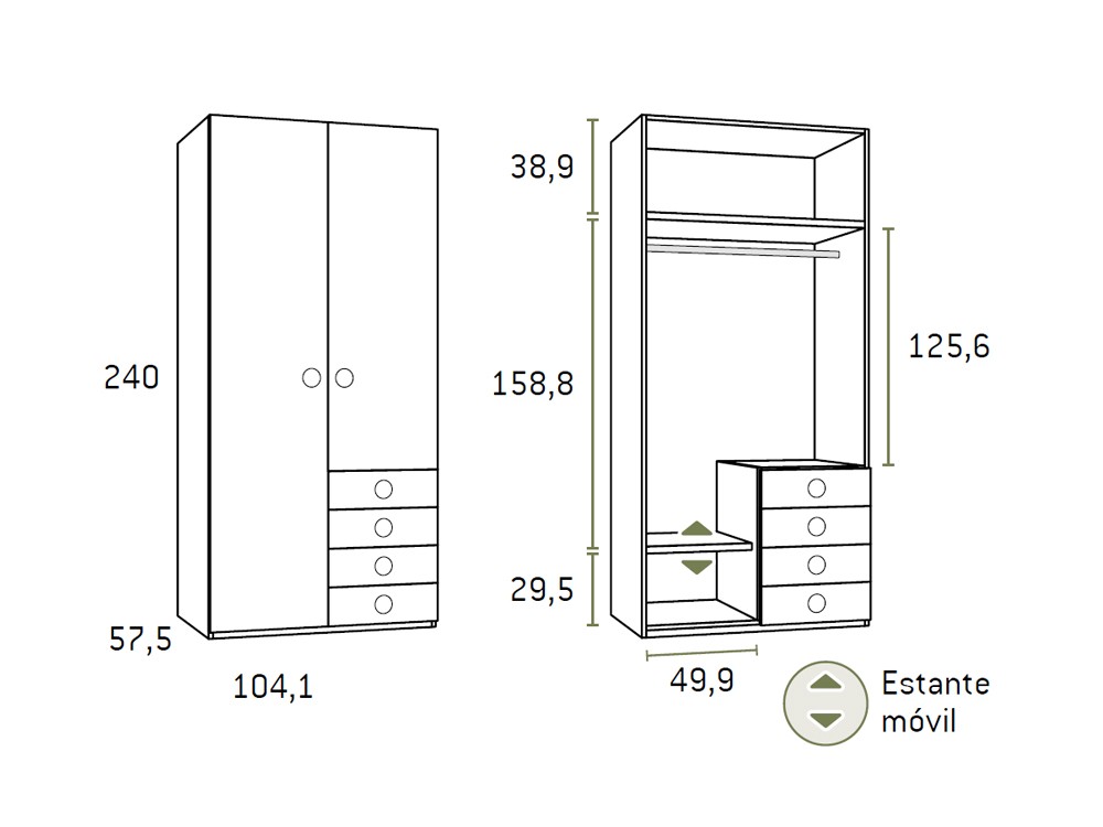 Medidas del armario con dos puertas y cajones de Glicerio Chaves Advance Formas