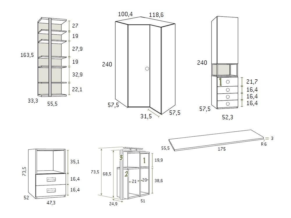 Medidas y módulos de la composición para dormitorio juvenil Advance Formas 056 de Glicerio Chaves