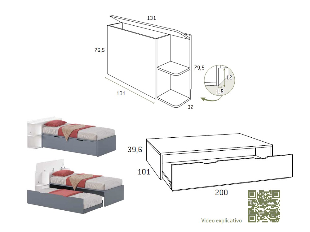 Medidas de la bicama con arrastre AD056 de Glicerio Chaves