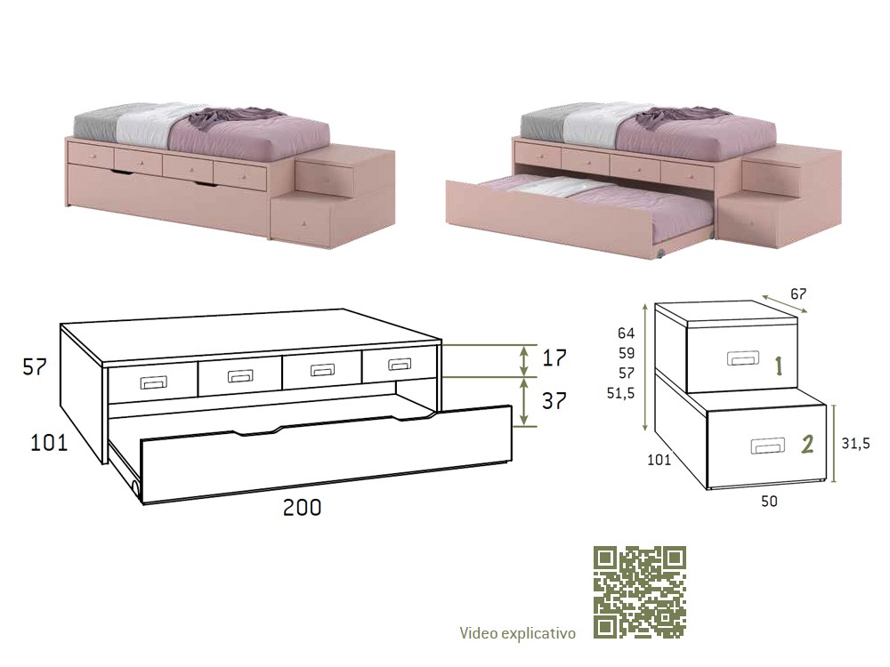 Medidas de la cama con escalera, arrastre y cajones AD057 de Glicerio Chaves