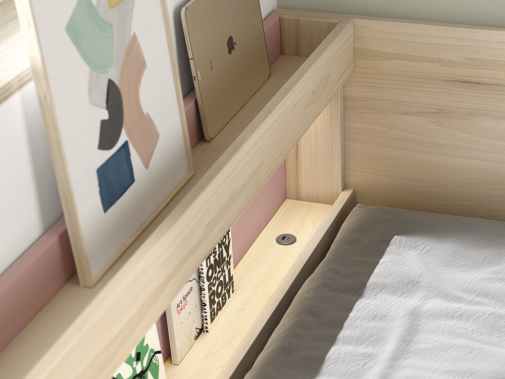 Detalle del cabecero con estantes, luz led y USB AD057 de Glicerio Chaves