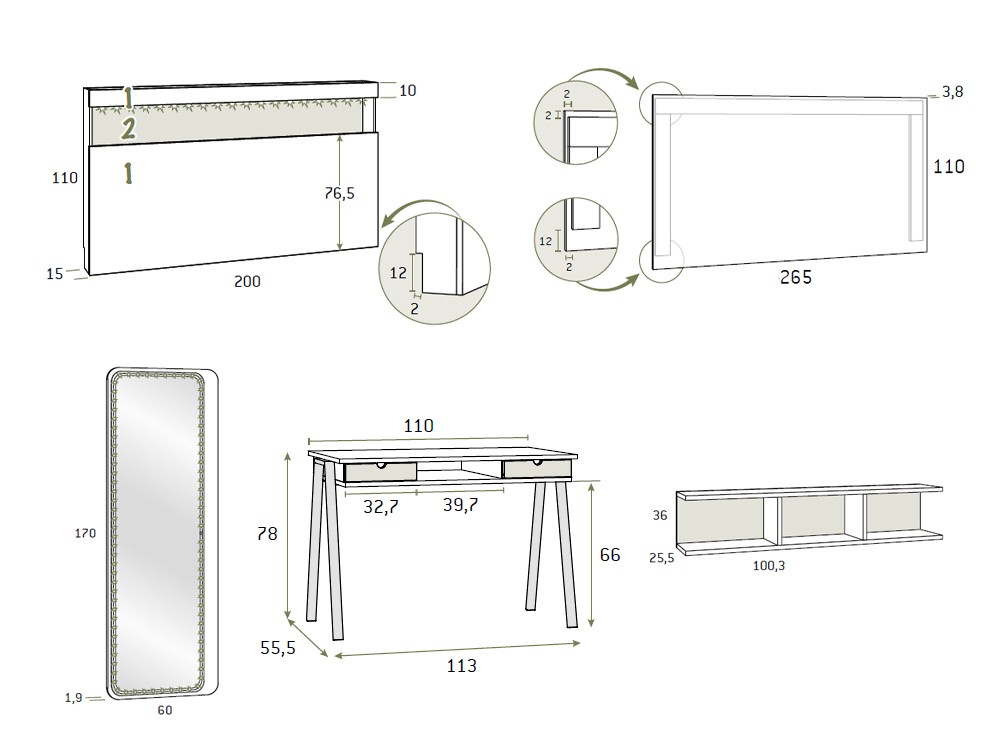Medidas y piezas de la composición de dormitorio AD057 de Glicerio Chaves