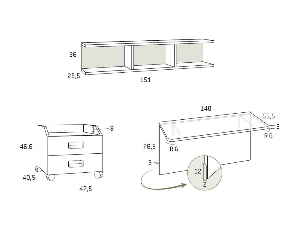 Medidas de los módulos del dormitorio AD058 de Glicerio Chaves