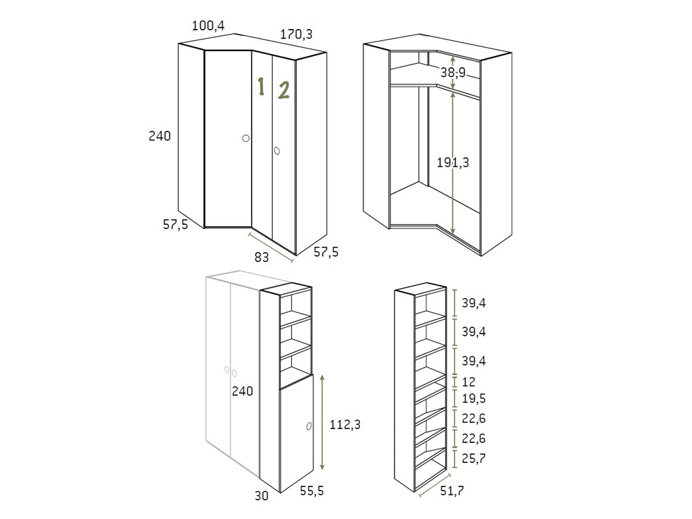 Medidas del armario rincón con terminal zapatero AD058 de Glicerio Chaves