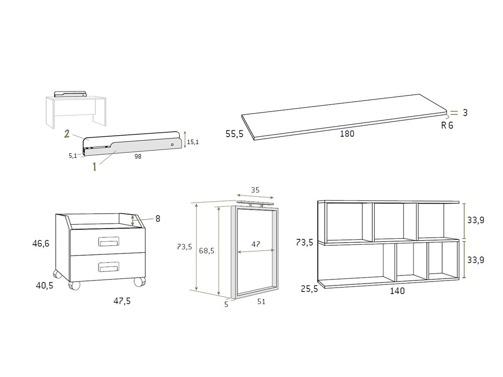 Medidas de las piezas del escritorio con cajonera AD059 de Glicerio Chaves