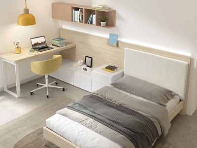 Detalle del dormitorio con zona de estudio AD060 de Glicerio Chaves