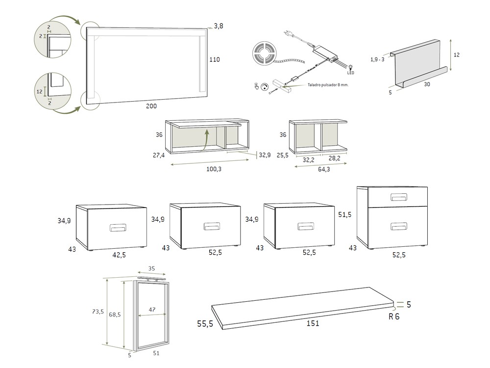 Medidas de los módulos que forman el dormitorio AD060 de Glicerio Chaves
