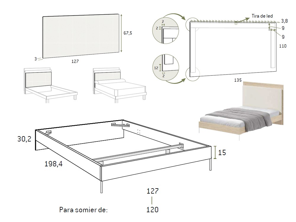 Medidas de la cama con cabecero tapizado con luz led AD060 de Glicerio Chaves