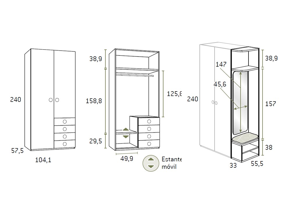 Medidas del armario con terminal con espejo AD061 de Glicerio Chaves