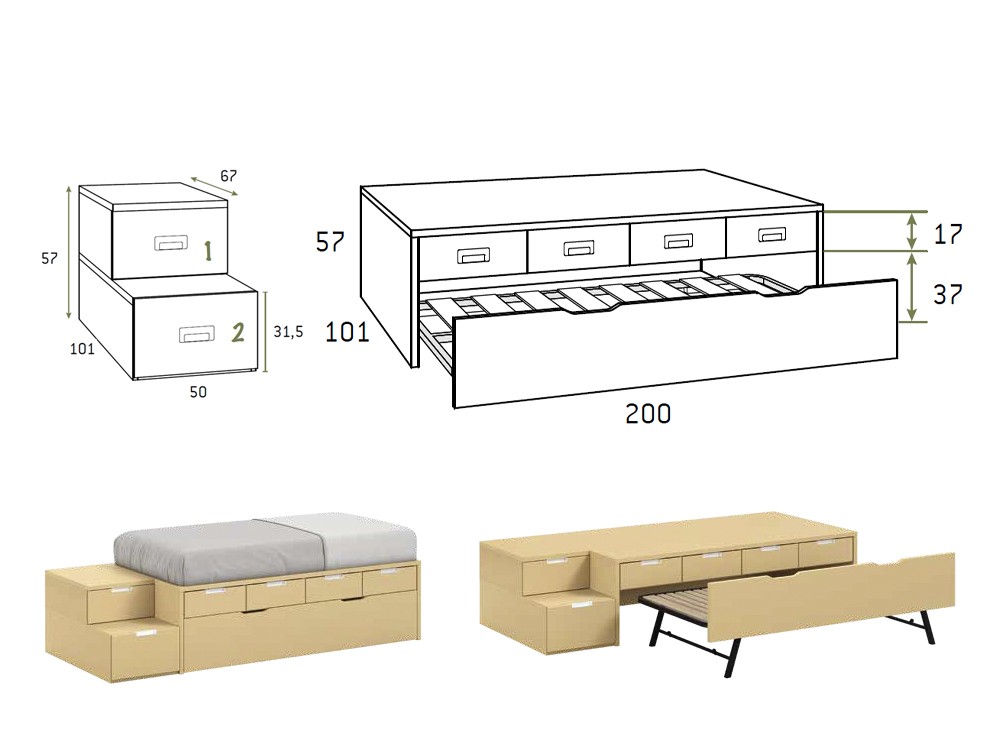 Medidas de la bicama con cajones y escalones AD062 de Glicerio Chaves