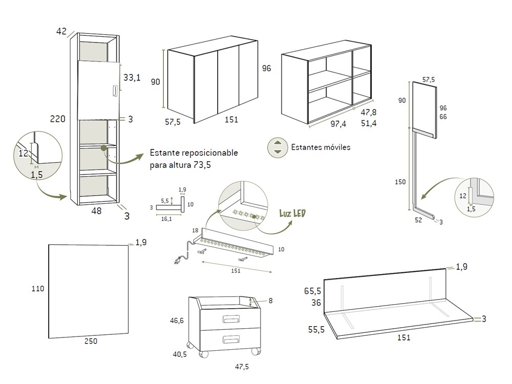 Medidas y módulos del dormitorio AD062 de Glicerio Chaves