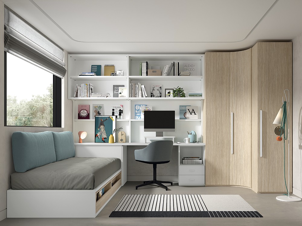Dormitorio completo con zona de estudio con librería y armario rincón Advance Formas 063 de Glicerio Chaves