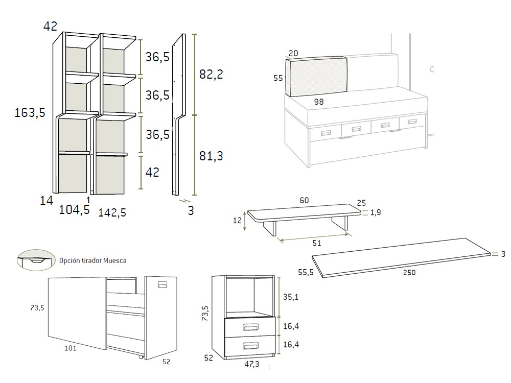 Medidas de los módulos del dormitorio AD063 de Glicerio Chaves