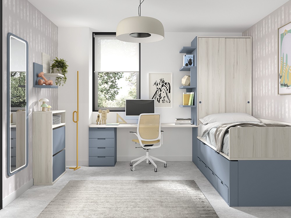 Dormitorio completo con zona de estudio y armario AD064 de Glicerio Chaves