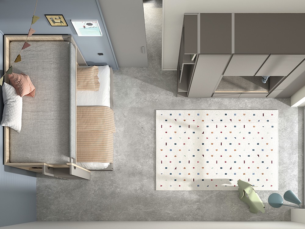 Vista del dormitorio AD065 con litera y armario de Glicerio Chaves