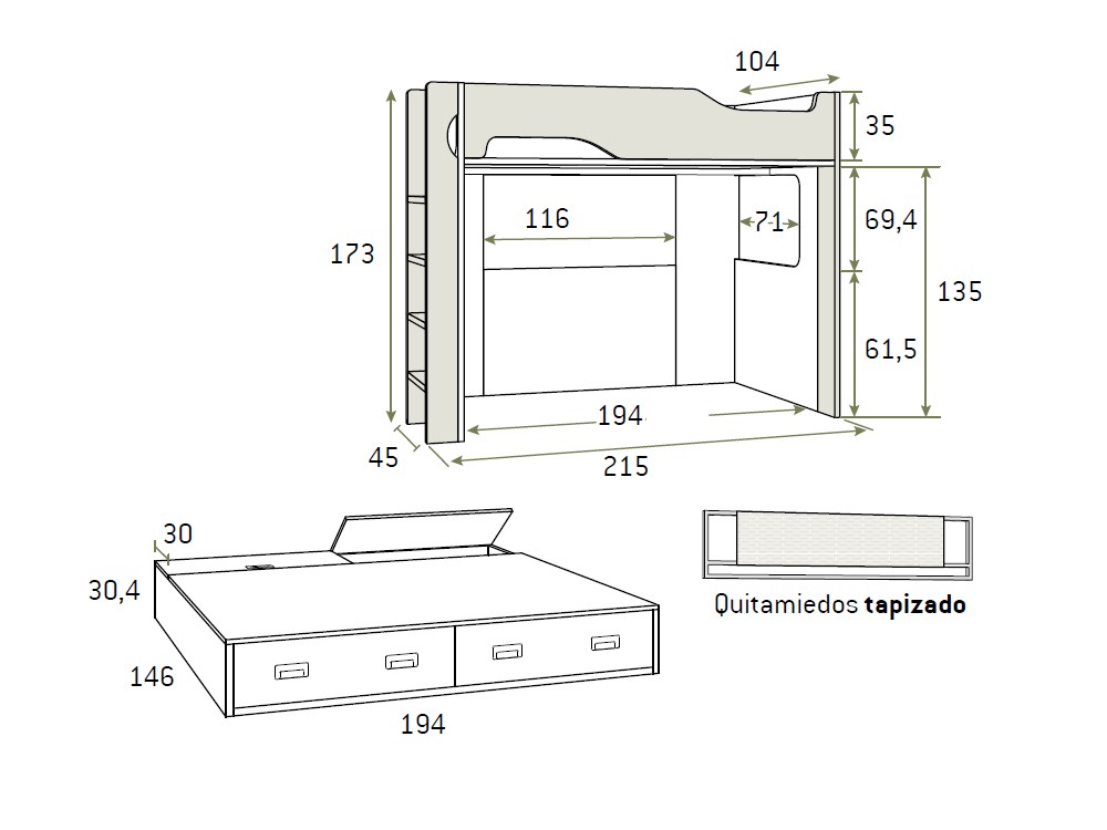 Medidas de la litera superior de 90x190cm e inferior de 135x190cm AD065 de Glicerio Chaves