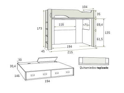 Medidas de la litera superior de 90x190cm e inferior de 135x190cm AD065 de Glicerio Chaves