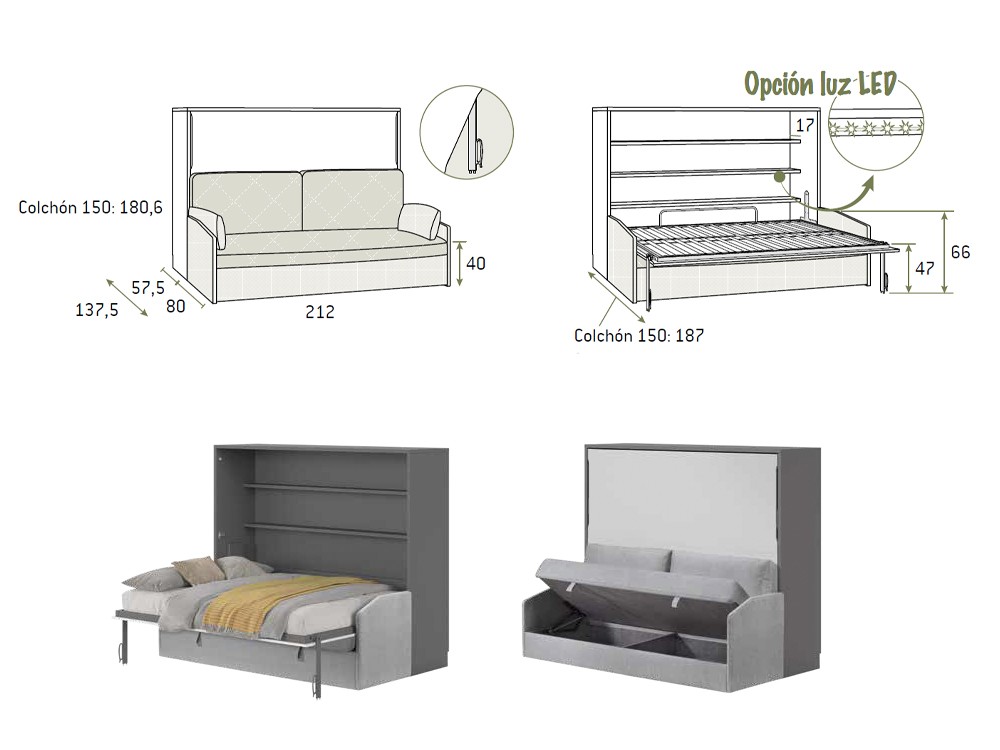 Medidas de la cama abatible con sofá AD066 de Glicerio Chaves