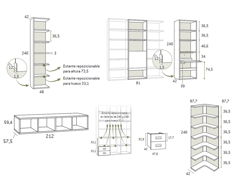 Medidas de la librería del dormitorio AD066 de Glicerio Chaves