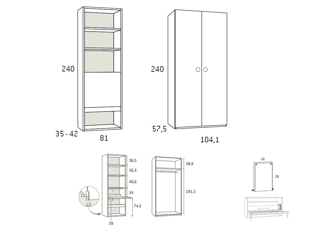 Medidas de los módulos de la composición de dormitorio AD066 de Glicerio Chaves