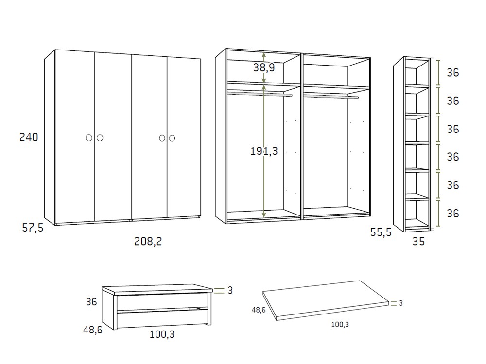 Medidas del armario con cuatro puertas batientes con libería con interior con cajonera y estante AD068 Glicerio Chaves