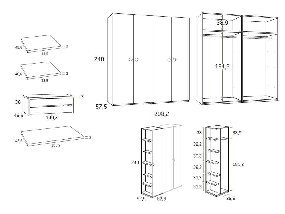Medidas del armario con puertas batientes con terminal estantes AD069 de Glicerio Chaves