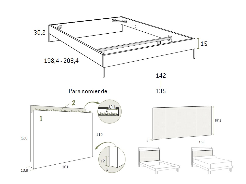 Medidas de la cama con cabecero tapizadao 135cm de Glicerio Chaves Advance Formas