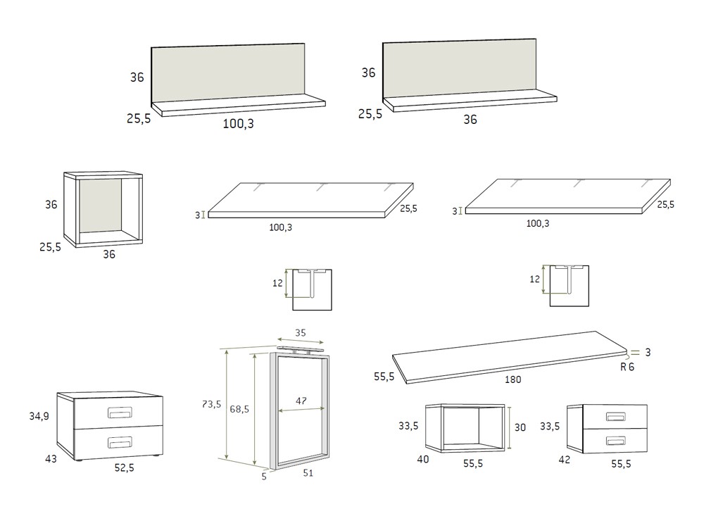Medidas de los módulos del dormitorio Advance Formas 069 de Glicerio Chaves