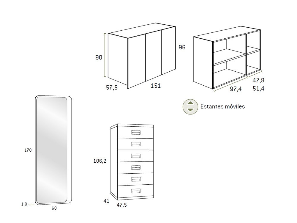 Medidas de los módulos puente y dormitorio de la colección Formas 310 Glicerio Chaves