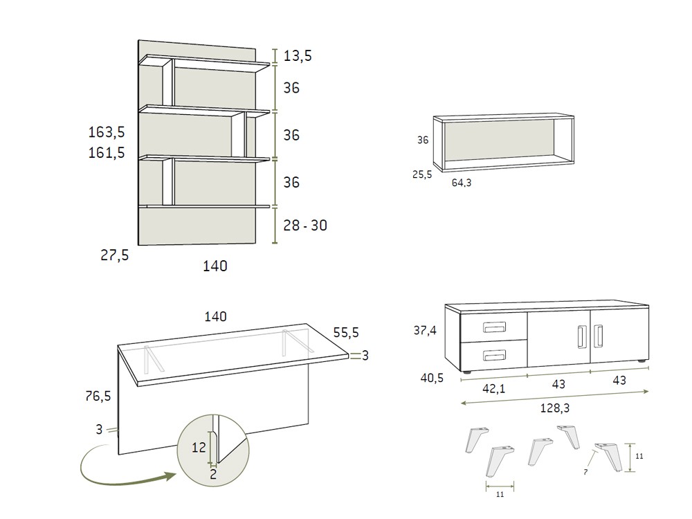 Medidas de los módulos del dormitorio de la colección Formas 306 de Glicerio Chaves