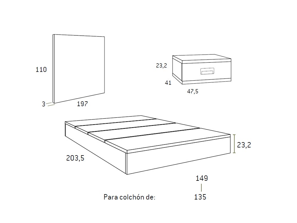 Medidas de la cama tatami con cabecero y mesita de noche F306 de Glicerio Chaves