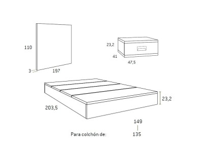 Medidas de la cama tatami con cabecero y mesita de noche F306 de Glicerio Chaves