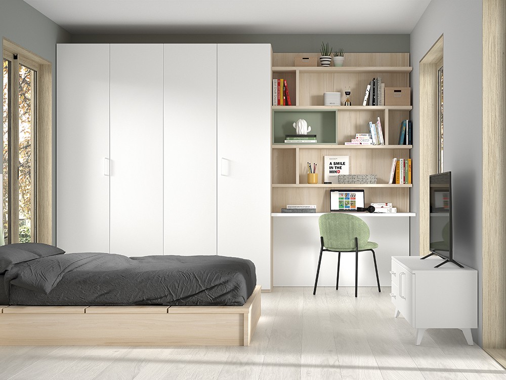 Dormitorio con armario y zona de estudio F306 de Glicerio Chaves