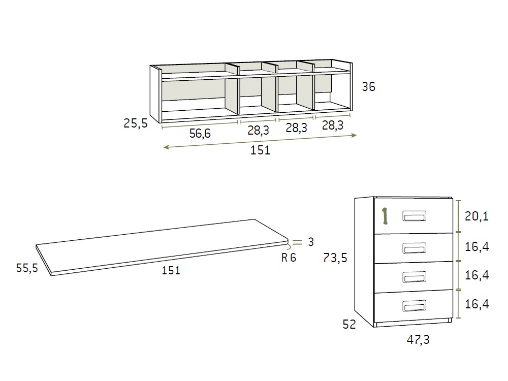 Medidas escritorio y zona de estudio de la composición de dormitorio juvenil formas 305 Glicerio Chaves
