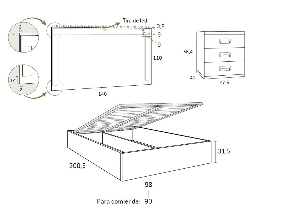 Medidas cama con cabecero led formas 304 de Glicerio Chaves