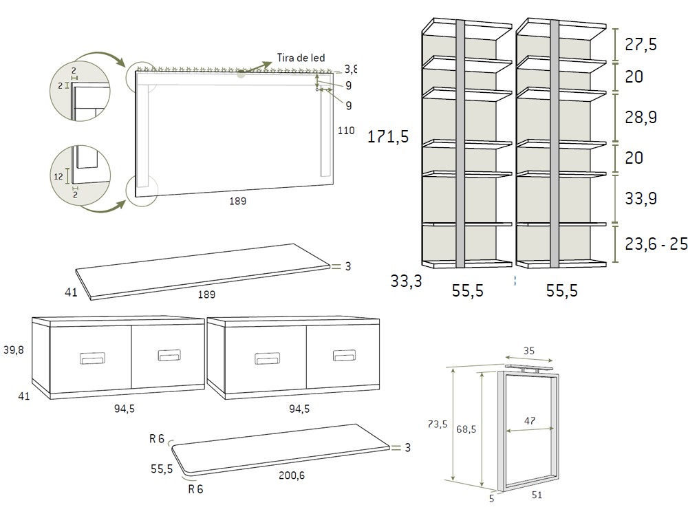 Medidas zona de estudio del dormitorio juvenil a medida Formas 304 de Glicerio Chaves