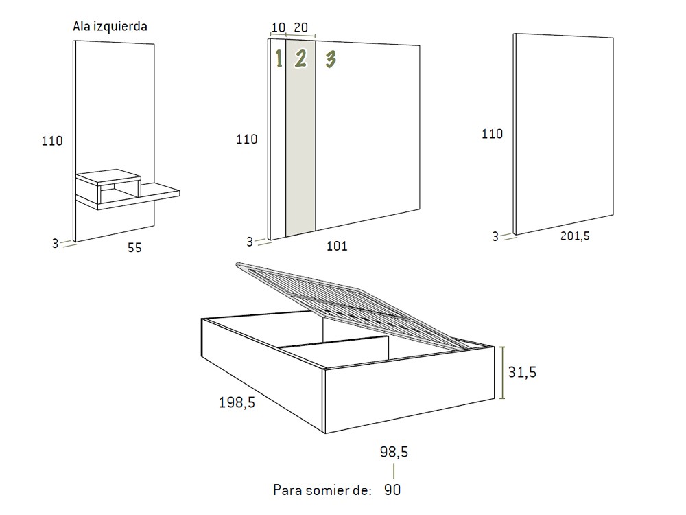 Medidas de la cama con arcón y cabecero Formas 303 de Glicerio Chaves