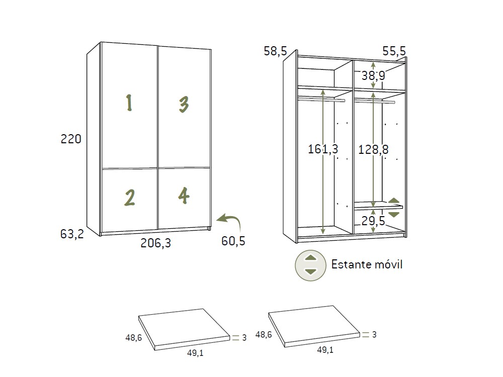 Medidas del armario de puertas correderas F302 de Glicerio Chaves.