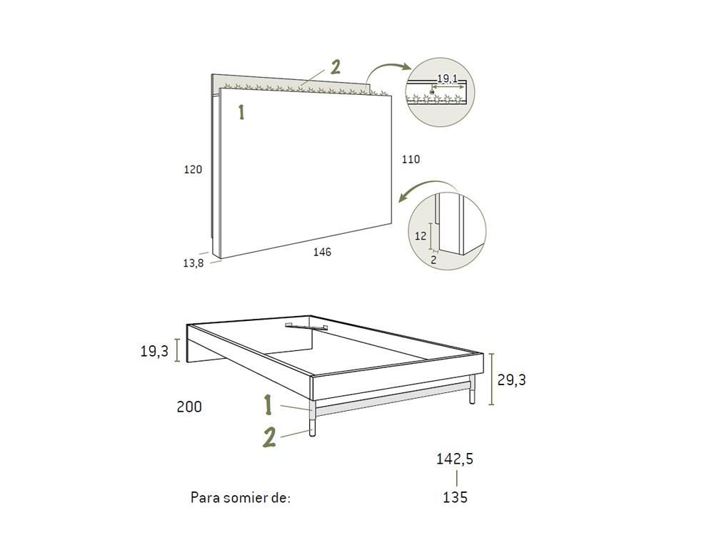 Medidas cama con cabecero con luz led F301 de Glicerio chaves