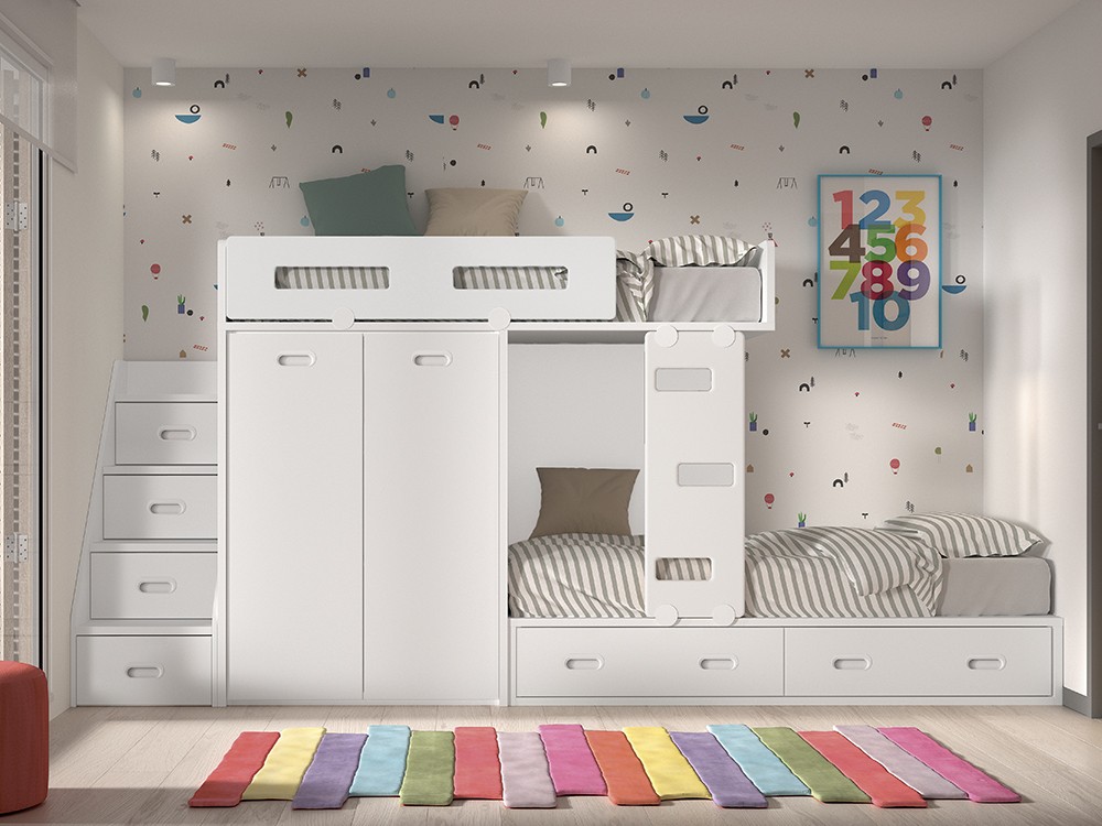 Cama tren con armario y escalera almacenaje F216