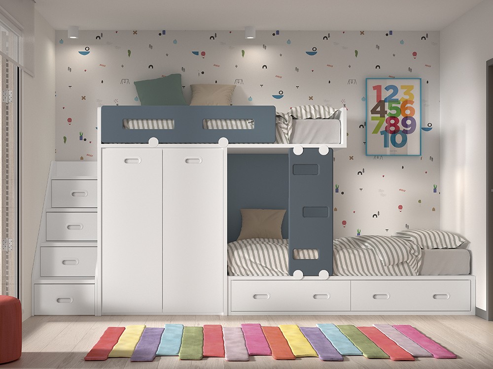 Cama tren con armario y escalera almacenaje F216