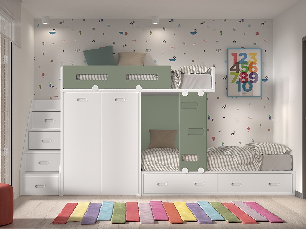 Cama tren con armario y escalera almacenaje F216