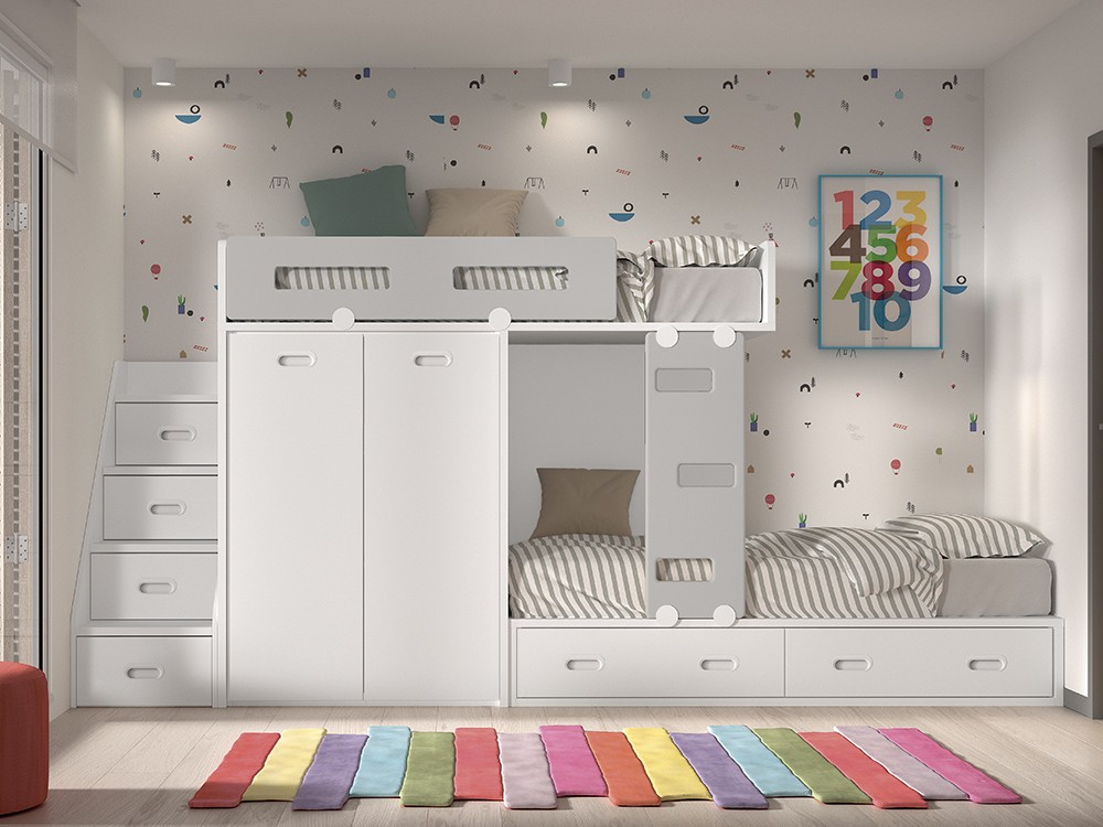 Cama tren con armario y escalera almacenaje F216